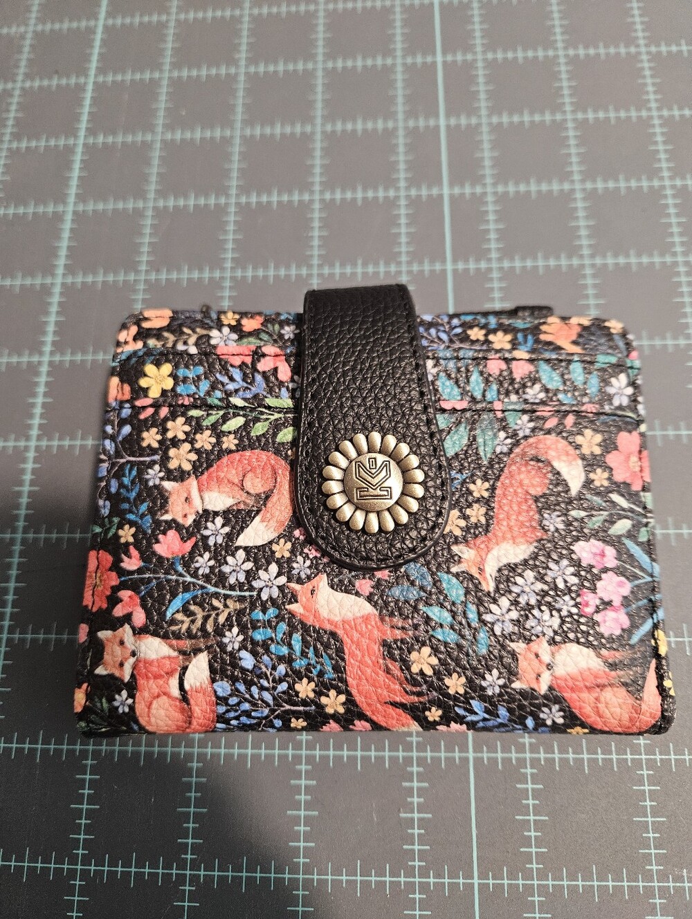 Floral Fox Card Wallet with Snap Closure - Black/Coral